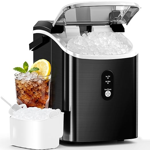 Antarctic Star Nugget Ice Maker Countertop, 34Lbs/24H, Soft Chewable Ice, Self-Cleaning, Portable Ice Machine, Fast Making in 8 Mins, Ice Basket & Scoop, Stainless Steel Black