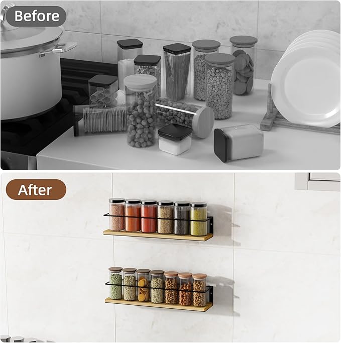 Spice Rack, Self-Adhesive or drilling, Rustic Style Hanging Spice Rack, Spice Organization for Cabinet Door or Wall Mount, Over The Stove, Kitchen Wall, 4-Pack, Wood Color