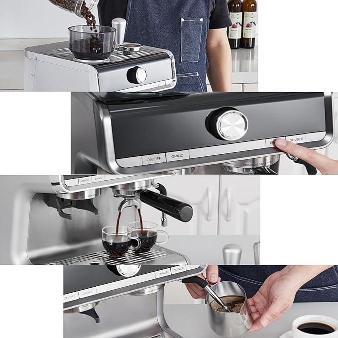 20 Bar Espresso Machine with Grinder, Professional Espresso Coffee Maker with Milk Frother, Brushed Stainless Steel, 1450W 2.8L Water Tank, for Home, Commercial Cappuccino Machines