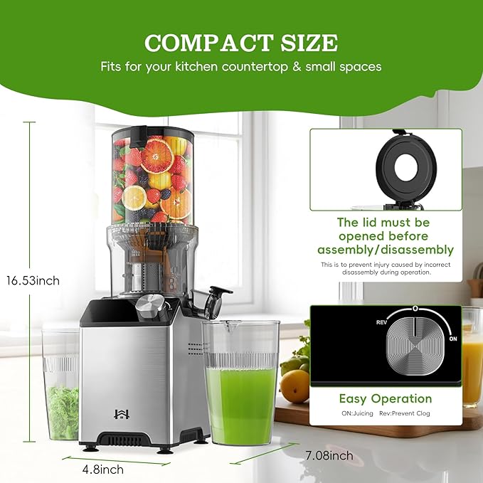Cold Press Juicer, Wide Feed Chute Juicer Machines, Stainless Steel Slow Masticating Juicers Easy to Clean, Vegetables & Fruits Juice Extractor, High Juice Yield, Silver Knob