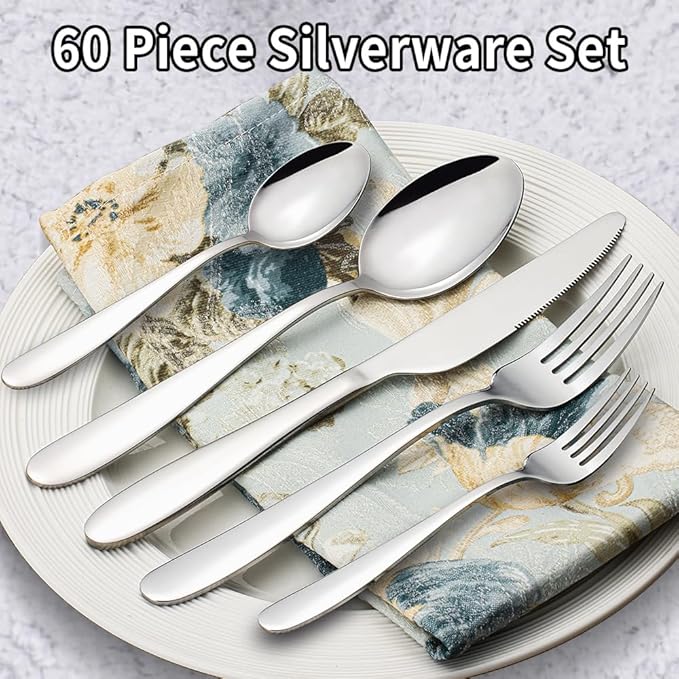 Silverware Set for 12, Amafox 60 Piece Stainless Steel Flatware Set, Mirror Polished Forks and Spoons Knives Cultery Set, Durable and Anti-corrosion, Dishwasher Safe