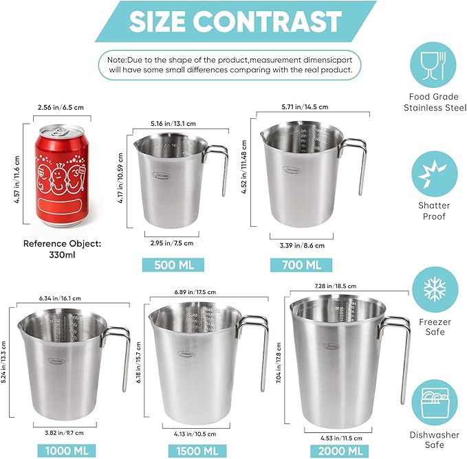 Newness 5 Pack Stainless Steel Measuring Cups Set (3 Marking Including Cup/ML/Oz Scale)(2, 3, 4, 6 & 8 Cup) Metal Measuring Cup with Handle For Prepping, Baking and Cooking, Dishwasher, Microwave Safe