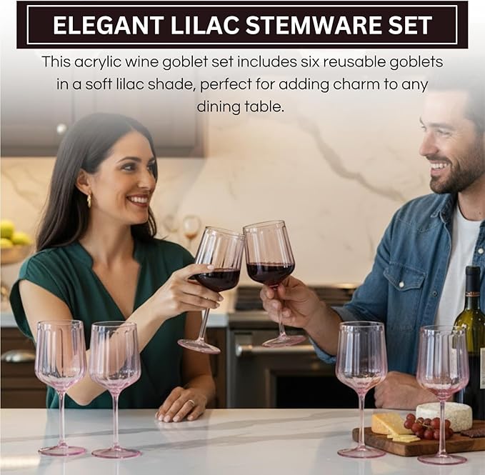 Khen Acrylic Lucia Stemmed Goblets - Unbreakable Wine Glasses Reusable Drinking Cups Dishwasher Safe Elegant Stemware for Cocktail Champagne | Kitchen Bar Party | Set of 6 |14oz | Lilac