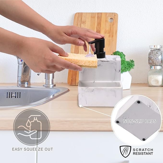 zccz Soap Dispenser with Sponge Holder, Liquid Hand and Dish Soap Dispenser Pump Bottle and Sponge Holder 2 in 1 for Kitchen Sink Bathroom Counter Storage and Organization Black Marble Look