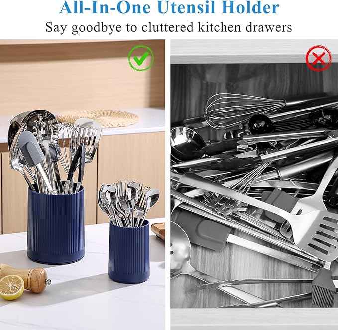 Kyraton Cooking Utensils Holder 2pcs, 360° Rotating Heavy Duty Plastic Kitchen Utensil Holder for Countertop, The Small Utensil Crock for Cutlery Silverware, Tooth Brush, Desk Pencil Pen