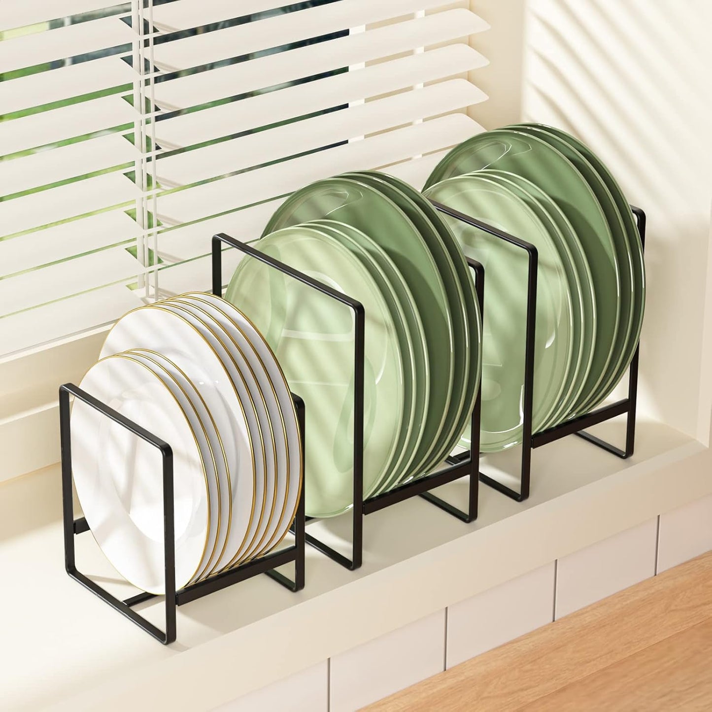 Metal Drying Rack, 3 Pack Inside Cabinet Plate Holders Organizers, Upright Dish Racks for Countertop and Cupboard, Large Capacity, Black (20x16x11.5 cm Each)