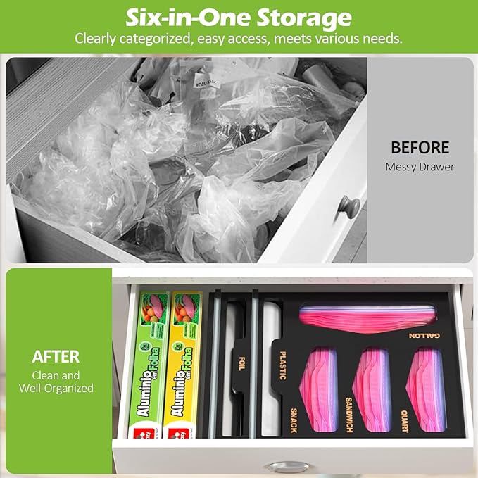 6 in 1 Bag Organizer and Wrap Dispenser with Magnetic Lid - Plastic Wrap Dispenser with Cutter for Kitchen Drawer, Storage for Gallon, Quart, Sandwich, Snack Bags, and Foil Black
