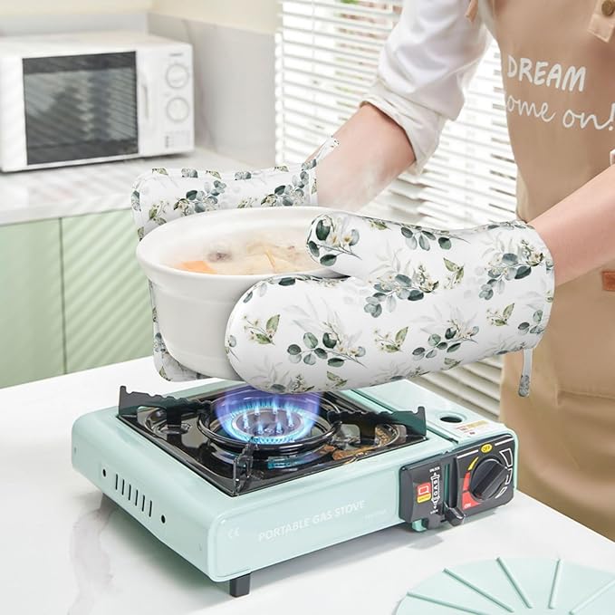 Sage Green Eucalyptus Oven Mitts and Pot Holders Sets Silicone Watercolor Plant Leaves Floral Kitchen Oven Mitts Hot Pads Heat Resistant Potholders Kitchen Mitts Set for Baking BBQ Cooking
