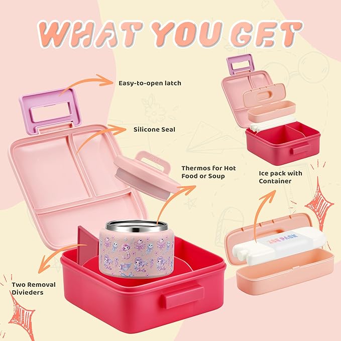 Bento Lunch Box for Kids with 8oz Soup Thermo Leak-Proof Lunch Food Containers with Snack Sauce Container for Kid Girls Boys to School (Pink Mermaid)