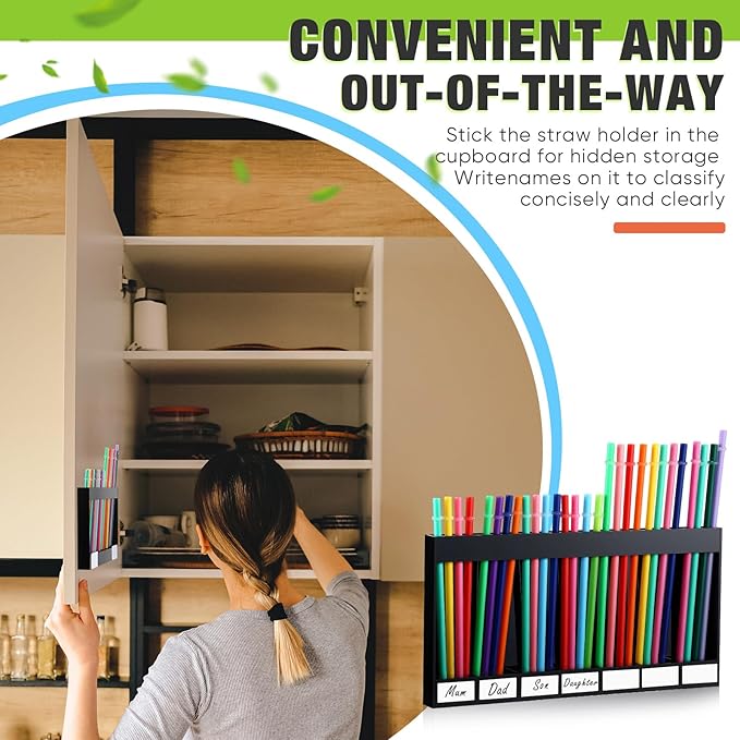 Qinyoung Acrylic Straw Holder for Cabinet Door with Double Sided Adhesive Tape Reusable Straw Organizer Tumbler Storage Kitchen Accessories Container for Counter Cupboard(Classic,Extra Large,Black)