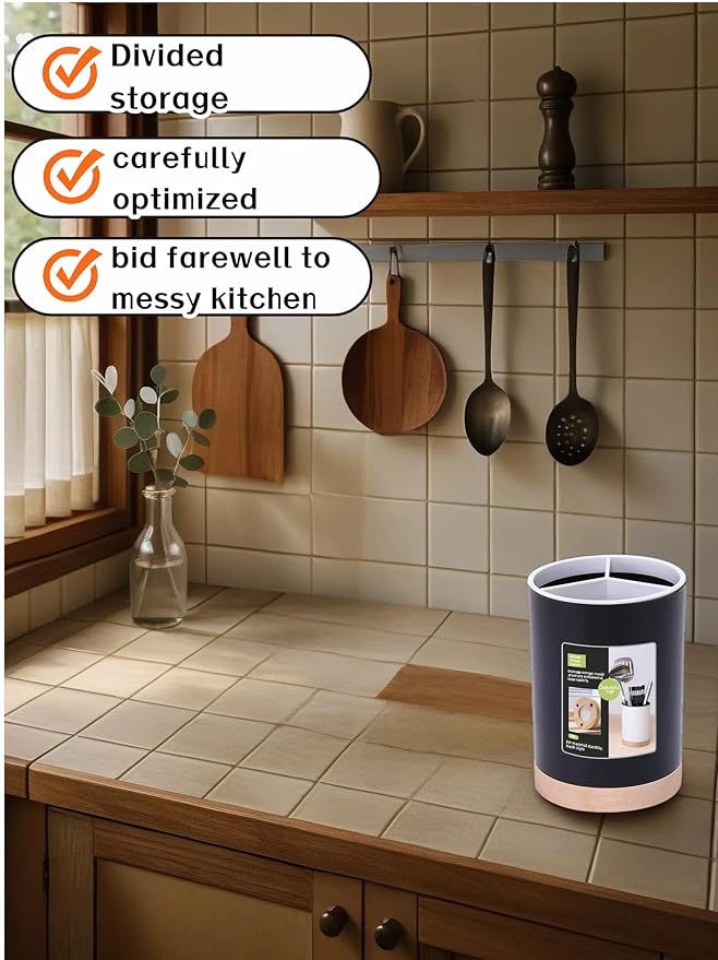 BUBBLE-FLY Modern Kitchen Utensil Holder with Drainage, Black and Wood Base, 3 Compartment Divided Organizer for Spoons Forks Knives, Countertop Caddy for Cooking Tools and Cutlery Storage- Non-Slip