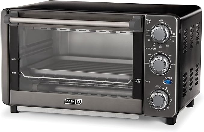 Dash Express Toaster Oven - Space-Saving Countertop Design - Versatile Use with adjustable temperature dial & Quick Heat-Up System - Dishwasher Safe Accessories - Bake, Broil & Toast - Black