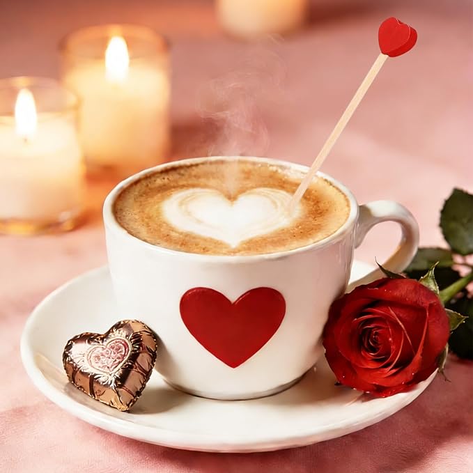 100 Pcs 6 Inch Red Heart Shaped Valentine's Day Wooden Swizzle Sticks, Cocktail & Coffee Drink Stirrers, Rock Candy Sticks, Cake Pop Sticks, Lollipop Sticks for Anniversary, Wedding Party