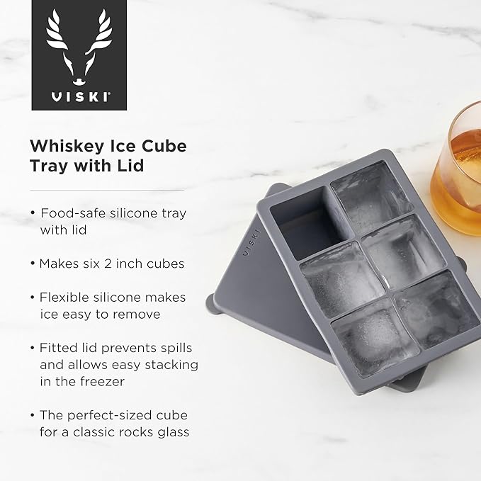 Viski Ice Cube Tray with Lid, Easy Release Large Silicone Mold, 2 Inch Ice Cubes for Whiskey, Cocktails, Mixed Drinks, Iced Coffee, Kitchen & Home Bar Accessories, Man Cave Gifts, Set of 1, Gray