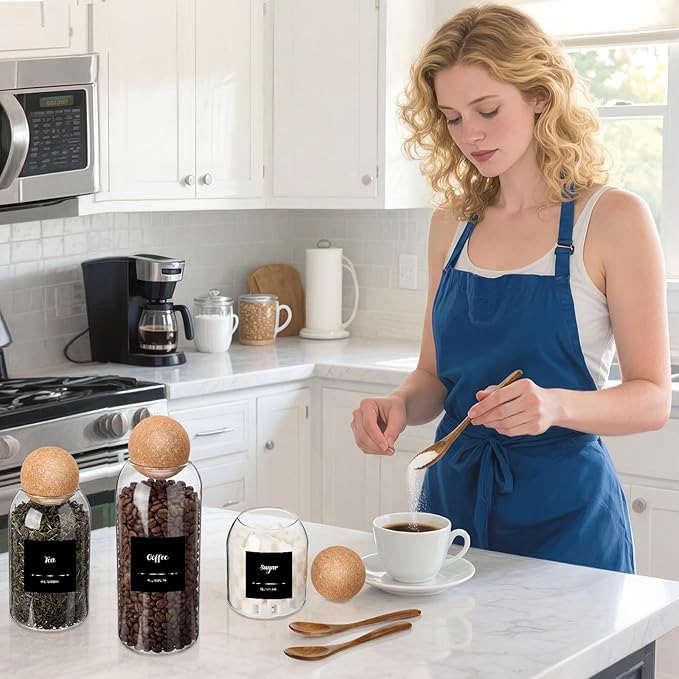 Suclain 3 Pcs Glass Coffee Storage Jar with Ball Cork Lid Wooden Spoon Shelf Labels Airtight Round Bottle Jar Food Storage Canister Set for Sugar Spice Coffee Bean Holder Candy Gift(17, 27, 41 oz)