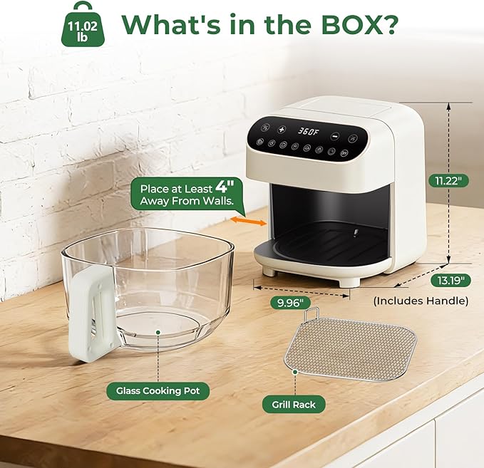 5 Quart Glass Air Fryer, Non Toxic & Uncoated High Borosilicate Glass Basket, Airfryer with Transparent Fry Bowl, 8 Preset Modes, PTFE/PFAS Free, BPA-Free, Dishwasher Safe, White