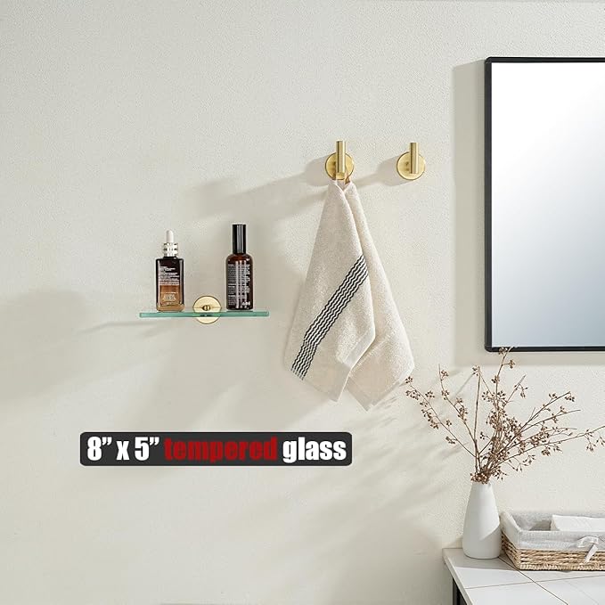 JQK Bathroom Glass Shelf Gold, Tempered Glass Shower Storage 8 by 5 inches, 304 Stainless Steel Brushed Gold Wall Mount, TGS101L8-BG