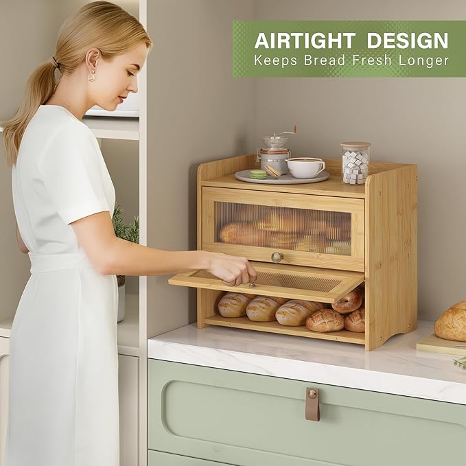 JANSNIMEN Large Bread Box for Kitchen Countertop Wooden Double Layer Breadbox Organizer with Window Vintage Farmhouse Bread Storage Container for Homemade Bread (Natural Bamboo)