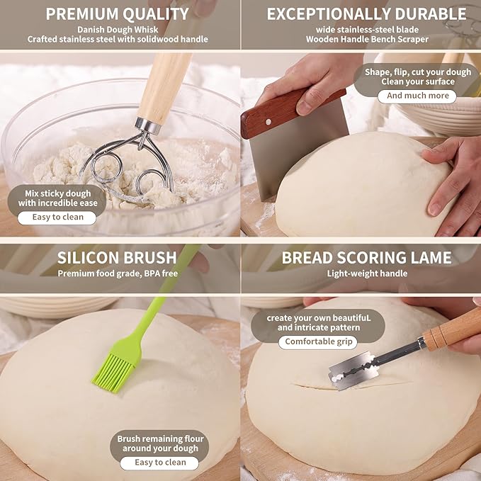 Banneton Proofing Basket Set - 9-inch Round Bread Baking Supplies, Sourdough Tools & Bread Making Accessories for Artisan Baking