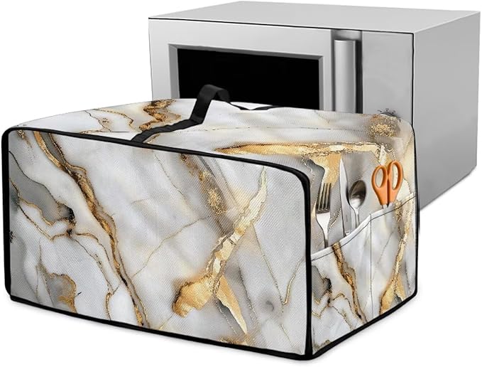 Toaster Oven Dust Cover with Storage Pockets, Protective Decorative Smart Oven Cover for for Kitchen Countertop, S, 14.5 x 18.5 x 9 Inches, White Gold Gray Marble