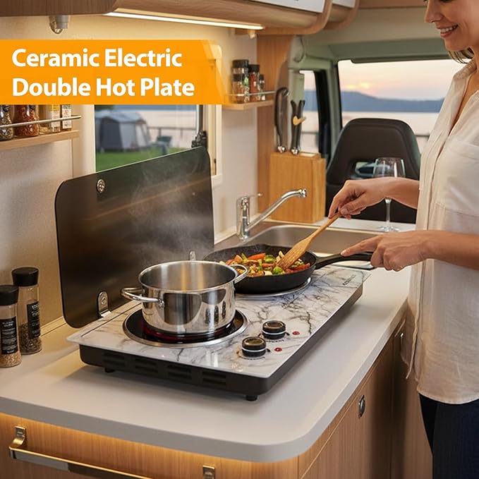 CUSIMAX Hot Plate, 1800W Double Burner Electric Hot Plate for Cooking, Dual Control Portable Infrared Stove Countertop Cooktop, Heat-up in Seconds, Stainless Steel White Marble