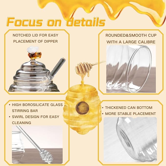 glass honey jar with dipper,beehive shaped honey pot,honey container with dipper large,17 oz