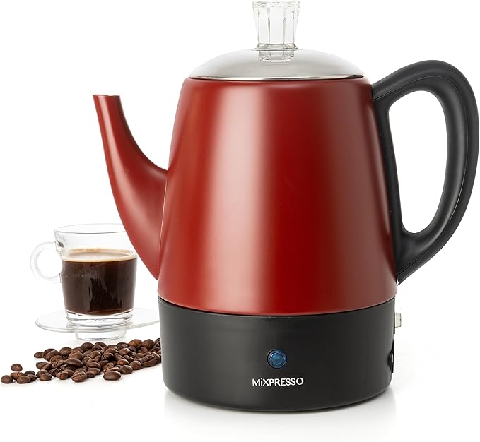 Mixpresso Red Small Electric Percolator Coffee Pot 4 Cup Stainless Steel - Coffee Percolator Electric with Keep Warm Function - Auto Shut-Off for Safe Daily Brewing