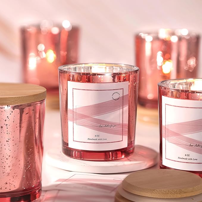 LAMORGIFT 15 Pack Empty Candle Jars With Lids (8oz, Rose Gold) - Making Containers Include 20 Pcs Labels - Mercury Glass Jars