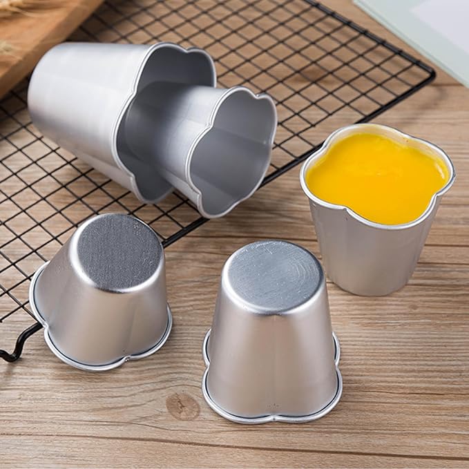 6 Pcs Popover Pan, Aluminium Pudding Tin Cup Baking Maker, Individual Muffin Chocolate Molten Brownie Tumbler Raspberry Souffle Cupcake Pudding Mould - Five-Petaled Flower Shape 3"x 2.8"