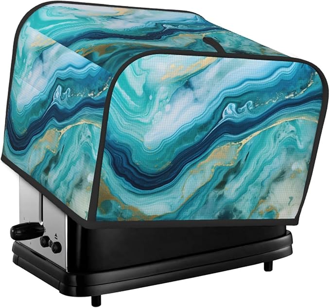Toaster Cover 4 Slice Teal Turquoise Liquid Marble Print Waterproof Appliance Cover with Hang Loop Bread Baker Toaster Cover for Kitchen