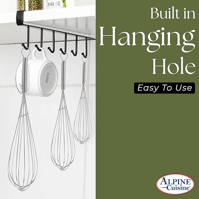 Alpine Cuisine Stainless Steel Wire Whisk 3pc set with Ergonomic Handle | Egg Whisk, Sauce Whisk & Flat Whisk Combined | Space Saving Whisks for Cooking, Baking & Deglazing, Dishwasher Safe