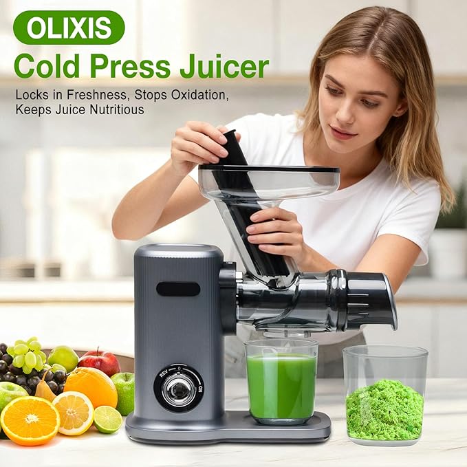 OLIXIS Cold Press Juicer, Slow Masticating Juicer Machines with Extra Wide Feed Chute, High Juice Yield and Easy to Clean for Whole Vegetables & Fruits, Silver