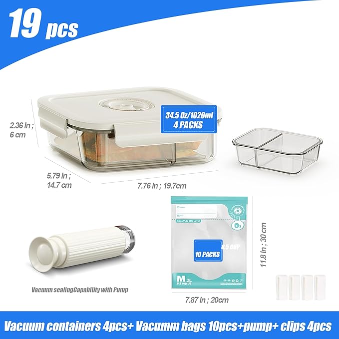 Vacuum Sealer & Food Storage Container for Food, Handheld Vacuum Pump For Glass Vacuum Storage Containers|2 compartment L [34.5 Oz-4 PACK] & 10 Reusable Food Saver Sealer Bags [8.5 Cups]