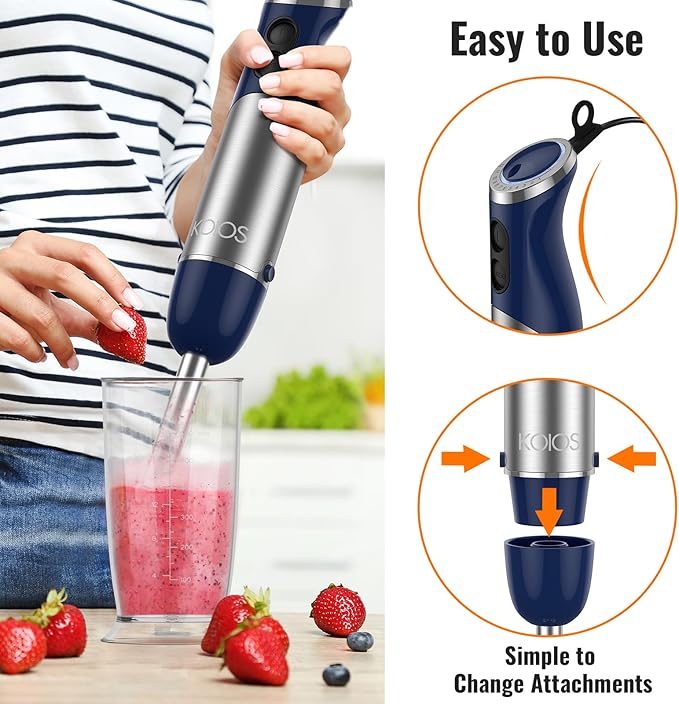 KOIOS 5-in-1 Hand Immersion Blender, 12 Speed Adjustable Emulsifier Handheld Blender, 1000W Copper Motor Stainless Steel Blade Hand Mixer with attachments, Blue