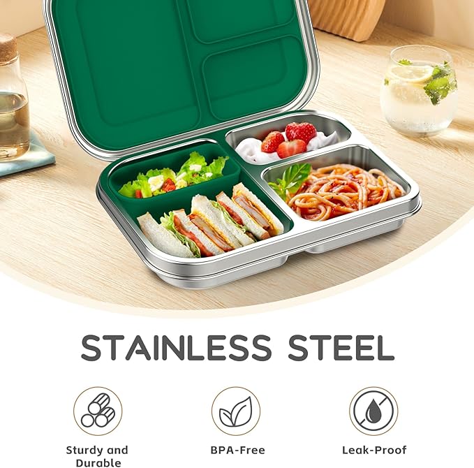 BOSEDSANG Stainless Steel Kids Leak-Resistant Bento Lunch Box, 3-Compartments with Silicone Container, Dishwasher-Safe, Child-Friendly Design for School, Picnics & Travel,BPA-Free (Green)