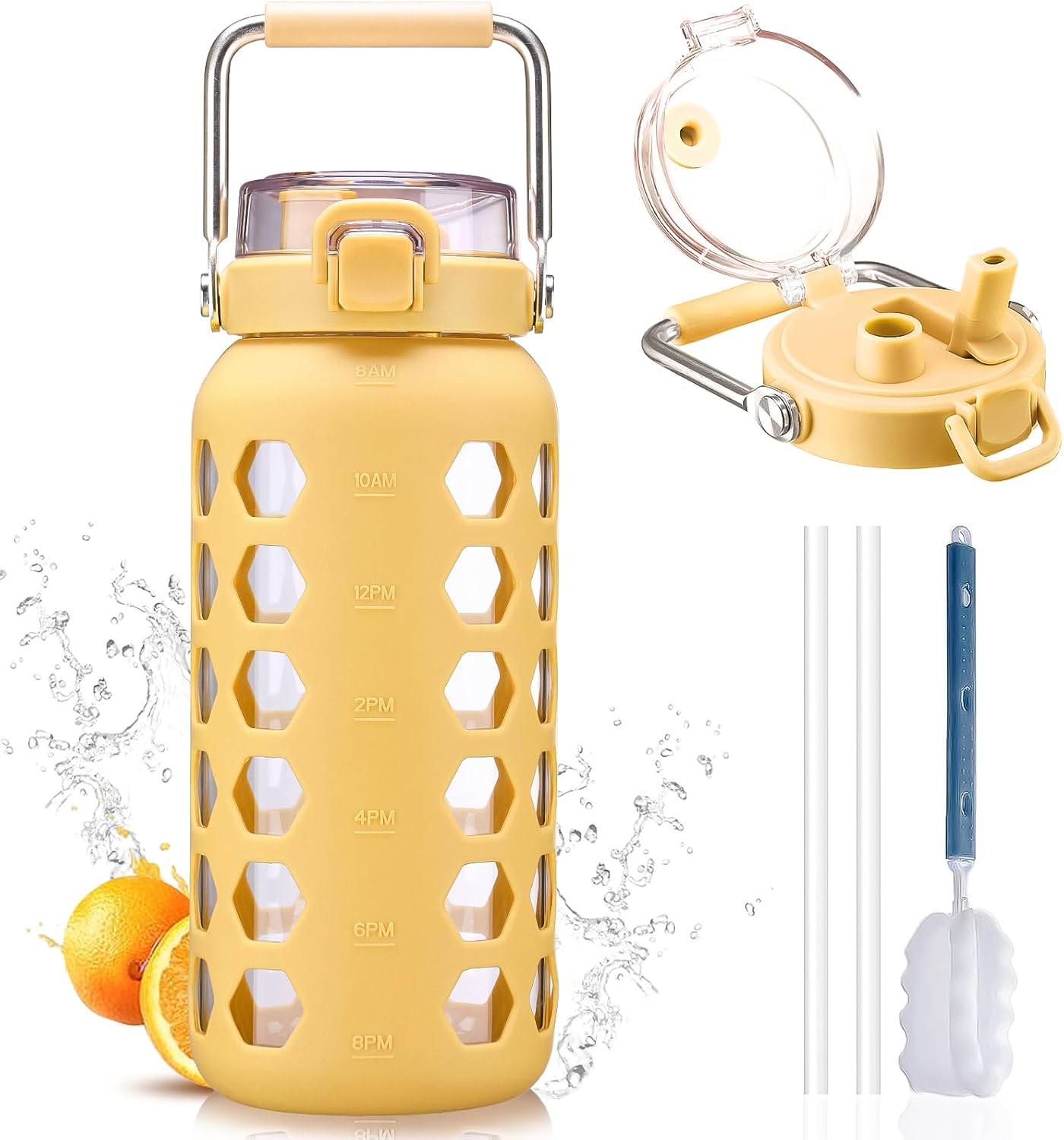 MUKOKO 64oz Glass Water Bottles with Straw and Lid,Half Gallon Water Bottle with Time Marker,Large Glass Water Jug with Silicone Sleeve and Stainless Steel Handle-Yellow