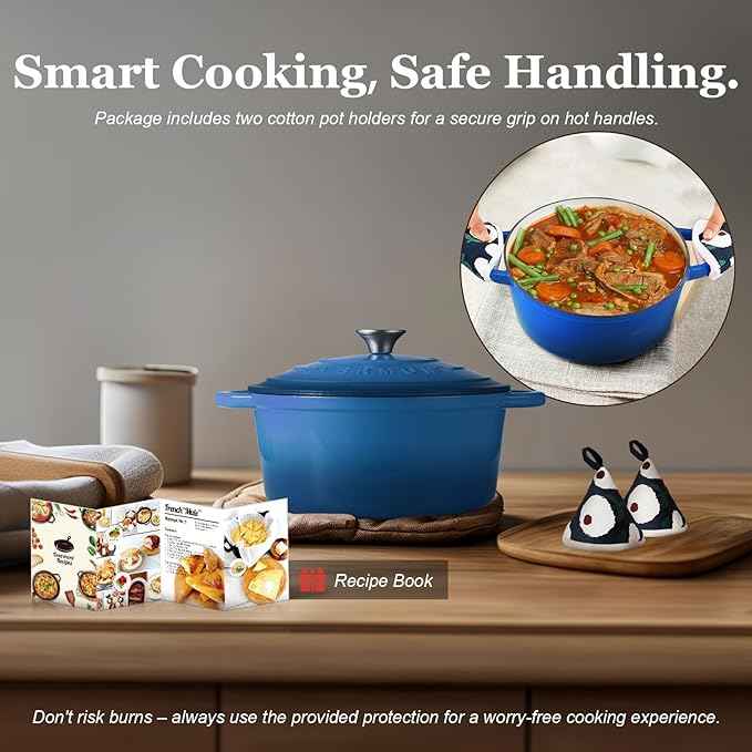 Overmont Enameled Cast Iron Dutch Oven - 4.5QT Pot with Lid Cookbook & Cotton Potholders - Heavy-Duty Cookware for Braising, Stews, Roasting, Bread Baking blue