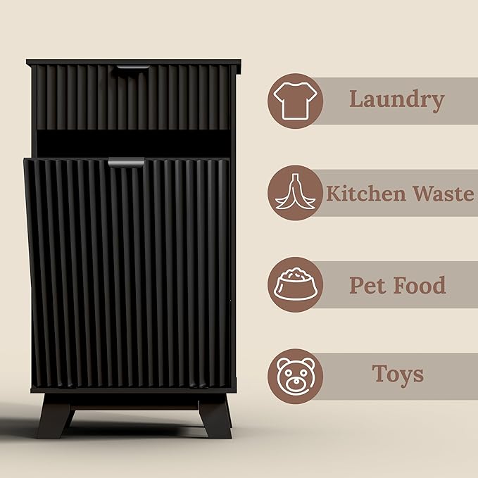 Modern Tilt Out Laundry Hamper Cabinet, 10 Gallon Wooden Trash Can Cabinet with Storage Drawer, Hidden Fluted Bathroom Storage Cabinet for Kitchen, Living Room (Black, 20.47"W x 35.83"H x 13"D)
