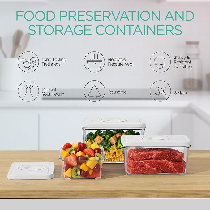 VOYOR 3-Pack Vacuum Containers for Food Storage (S/M/L) – No Machine Included, ABS, Reusable, Rectangular, Airtight, Refrigerator Organization VS310