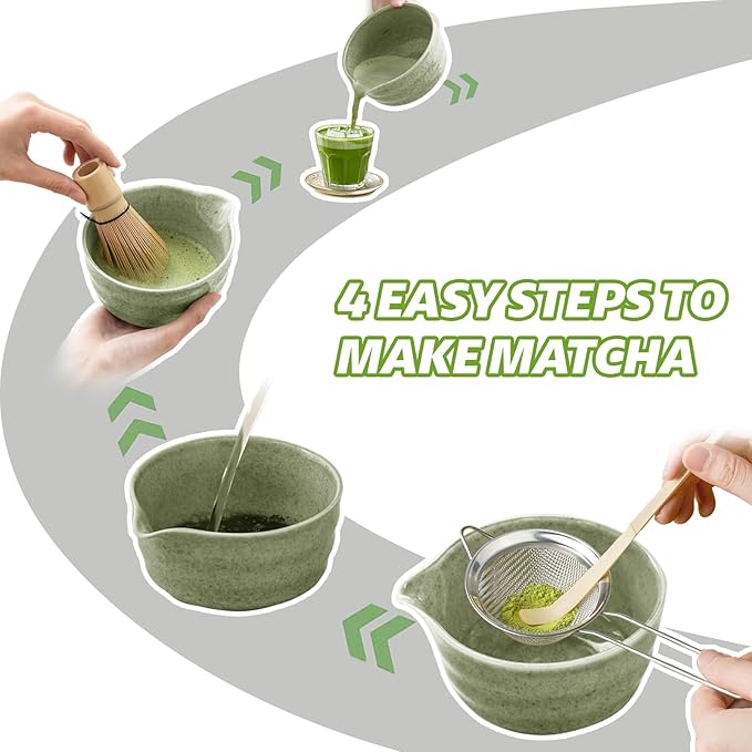 Matcha Whisk Set, 17oz Ceramic Bowl with Spout, Bamboo Matcha Scoop and Stainless Sifter - 5 Pcs Jade Green Matcha Kit, Matcha Kit for Making Breakfast/Latte,Gift for Matcha Lovers