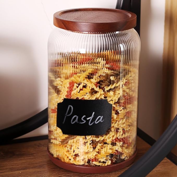 SAIOOL 2-Pack Striped Borosilicate Glass Airtight Canisters - Big mouth Large Capacity, Acacia Wood Lid, Food Storage Jars for Flour, Pasta, Pantry Organization (1 Gallon （2 Striped pack）)