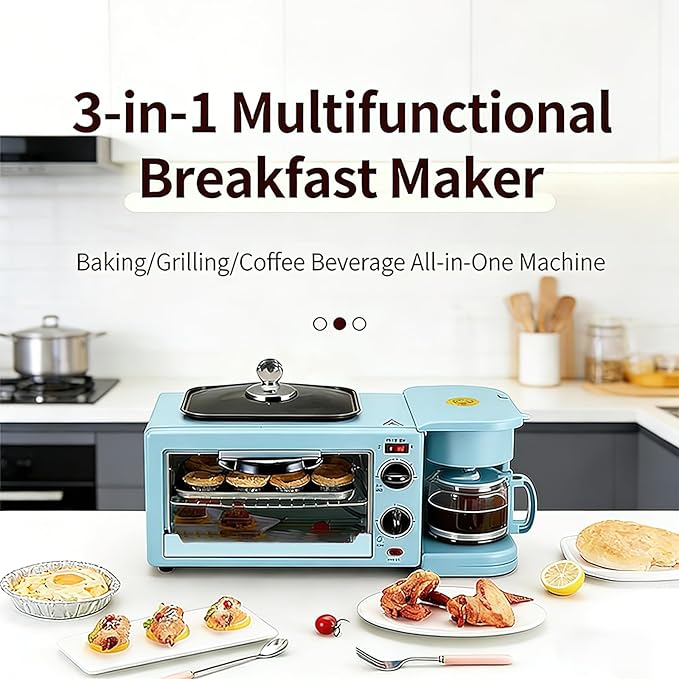9L, 3-in-1 multifunctional home breakfast machine, mini oven, coffee machine, with timer, visible window, Lid crystal handle (Blue)