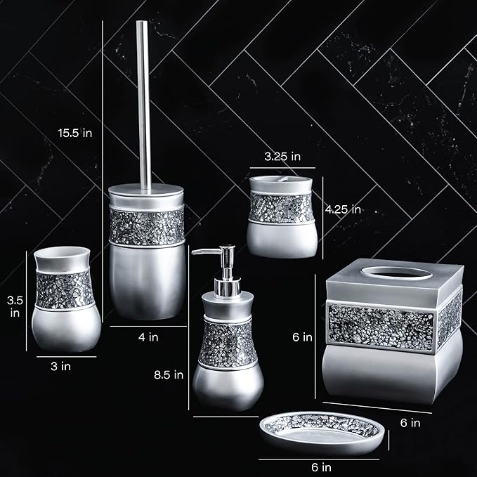 Creative Scents Crackled Glass Silver Bathroom Accessories Set - 6 Piece Bathroom Set Includes: Toilet Brush and Holder Set, Tissue Box Cover, Toothbrush Holder, Soap Dispenser, Soap Dish & Tumbler