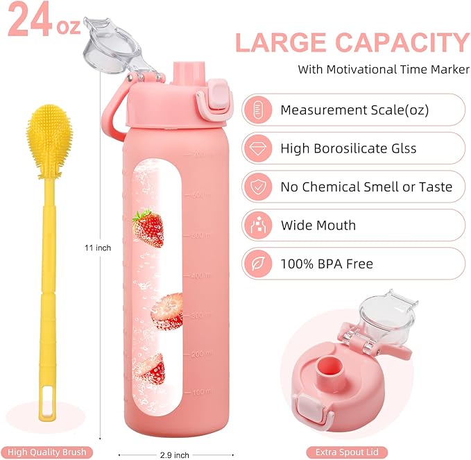 chunmo 24 oz Glass Water Bottles with 2 Lids-Handle Spout Lid & Straw Lid, Motivational Water Bottle with Time Marker and Silicone Sleeve,Leakproof-Pink-1 Pack