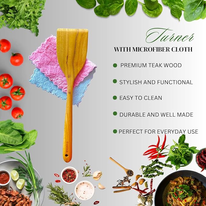 Teak Wooden Spatula for Cooking – Handcrafted Non-Stick Kitchen Utensil with Comfort Grip & Microfiber Cloth