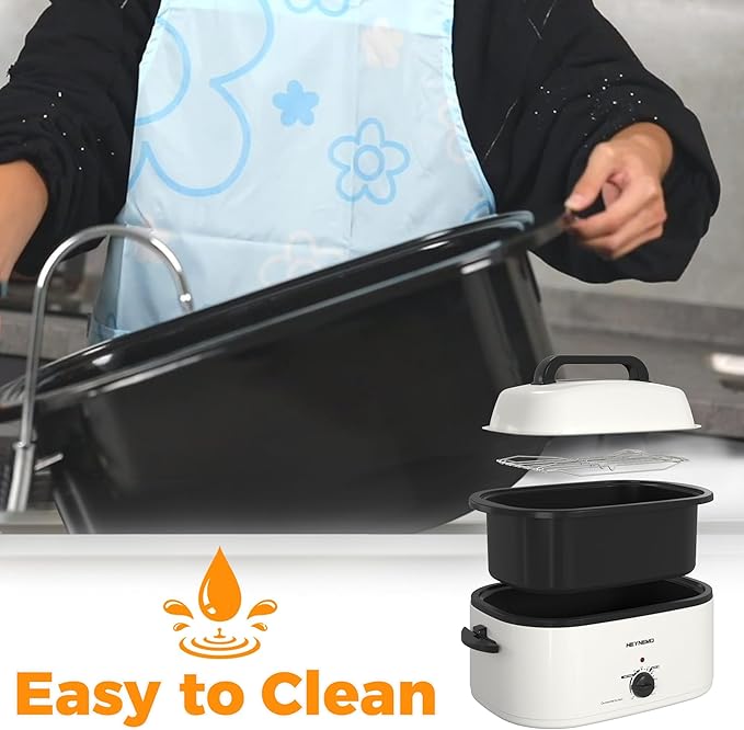 24Qt Turkey Roaster Oven Buffet with Self-Basting Lid, 1450W Electric Roaster Oven with Cool-Touch Handles, Removable Pan and Rack, Stainless Steel, White