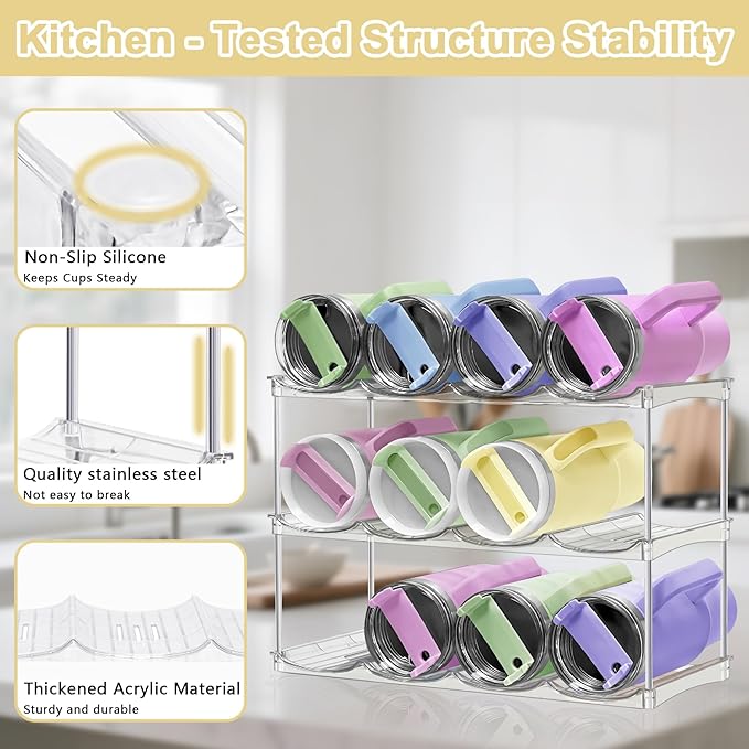 Stackable Water Bottle Organizer for Cabinet - Acrylic Tumbler Organizer Storage Rack for Stanley 40oz, Stanley Cup Holder, Pantry Kitchen Organizers and Storage for Stanley Cup, Holds 12 Bottles
