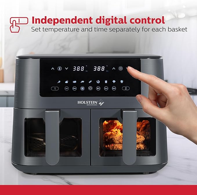 Holstein Housewares 8.4QT Dual Basket Digital Air Fryer with viewing window and led display with 7 preset options. Fry, bake, grill, dehydrate, and roast healthier recipes. Dishwasher Safe
