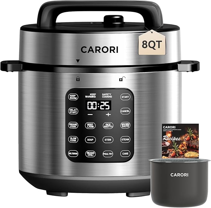 CARORI 9-in-1 Electric Pressure Cooker, 1000W Instant Multi-Cooker with IMD Touchscreen, Olla de Presion, Non-Stick Pot, Rice Cook, Slow Cook, Steamer, Sauté, Warmer, Safe Venting, Silver 8 Qt
