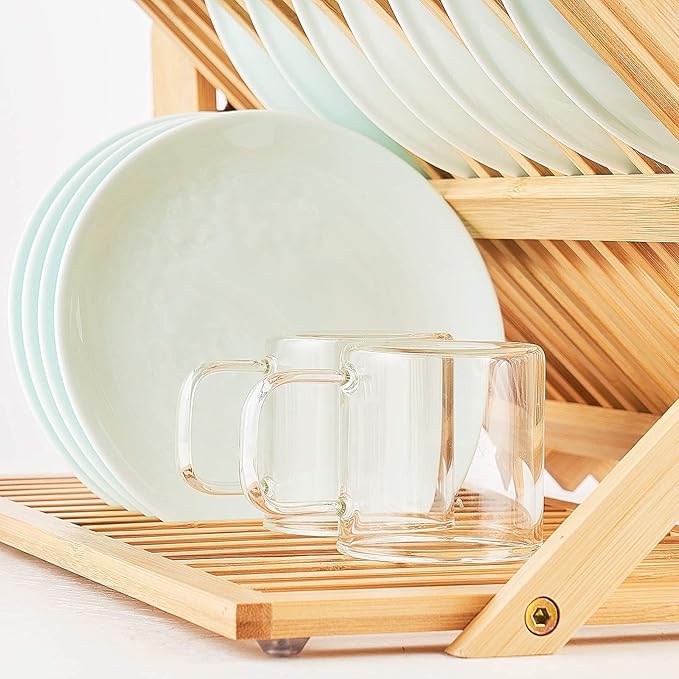 Bamboo Dish Drying Rack, 3 Tier Collapsible Wooden Dish Drainer Rack with Utensil Holder, Plate Rack for Kitchen Counter, Large Folding Drying Holder 51 pcs Grid